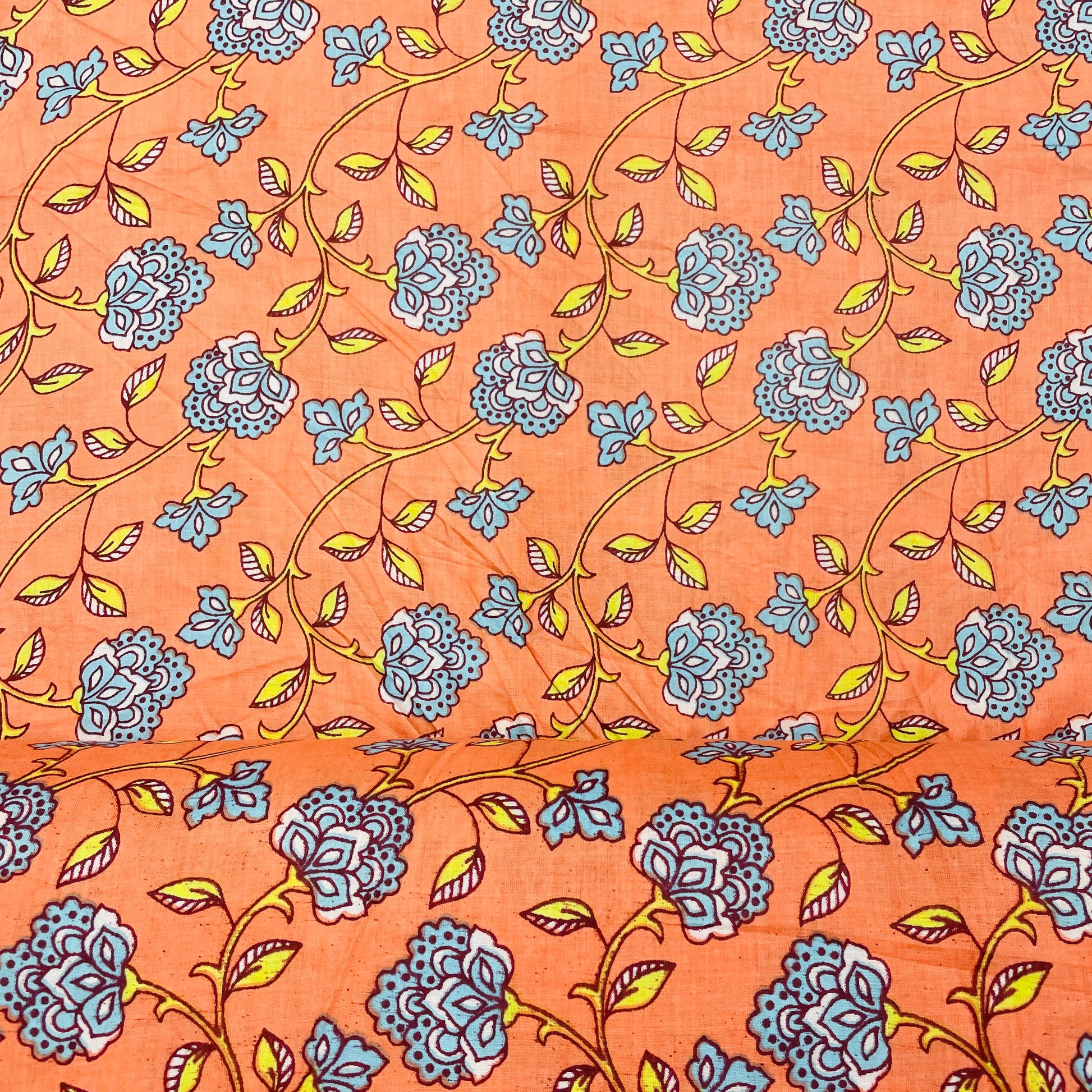 Salmon Pink & Blue Floral Print Cotton Fabric - TradeUNO