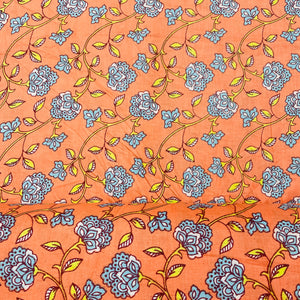 Salmon Pink & Blue Floral Print Cotton Fabric - TradeUNO
