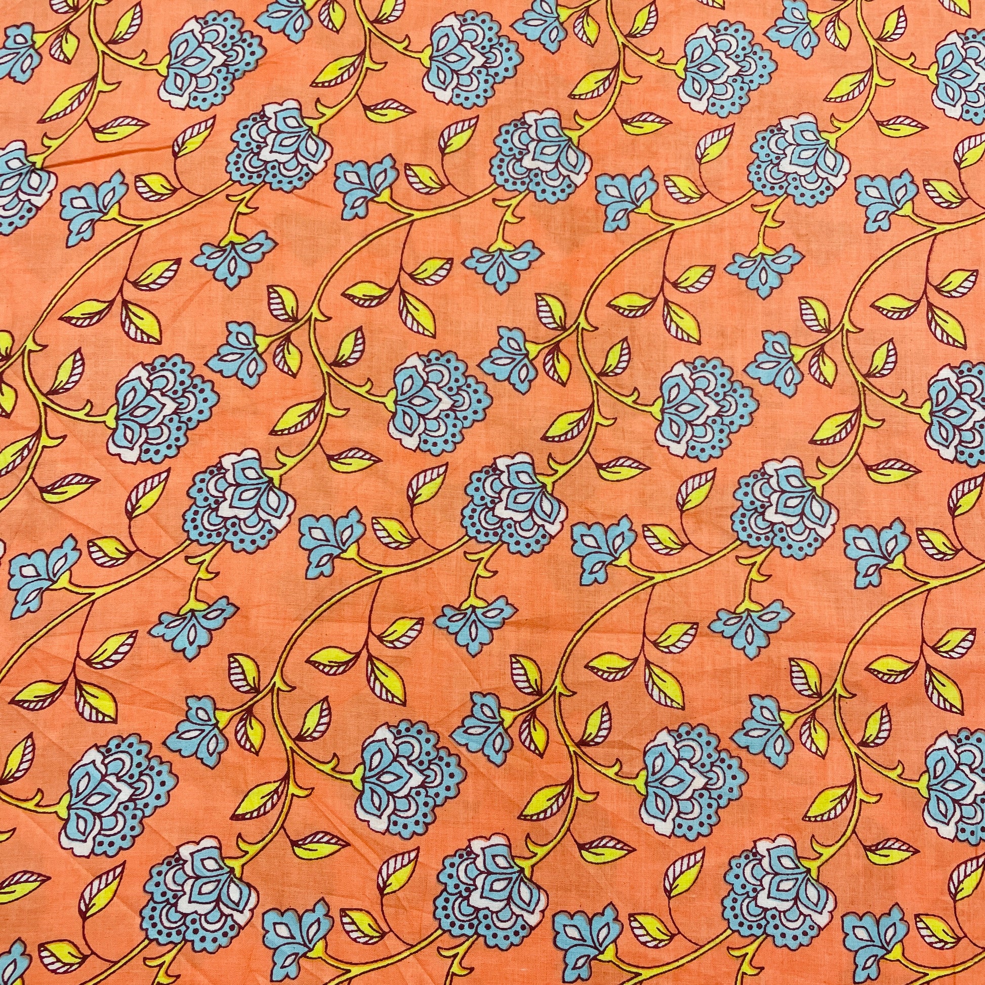 Salmon Pink & Blue Floral Print Cotton Fabric - TradeUNO