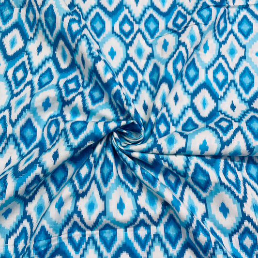 White & Blue Ikkat Print Cotton Fabric