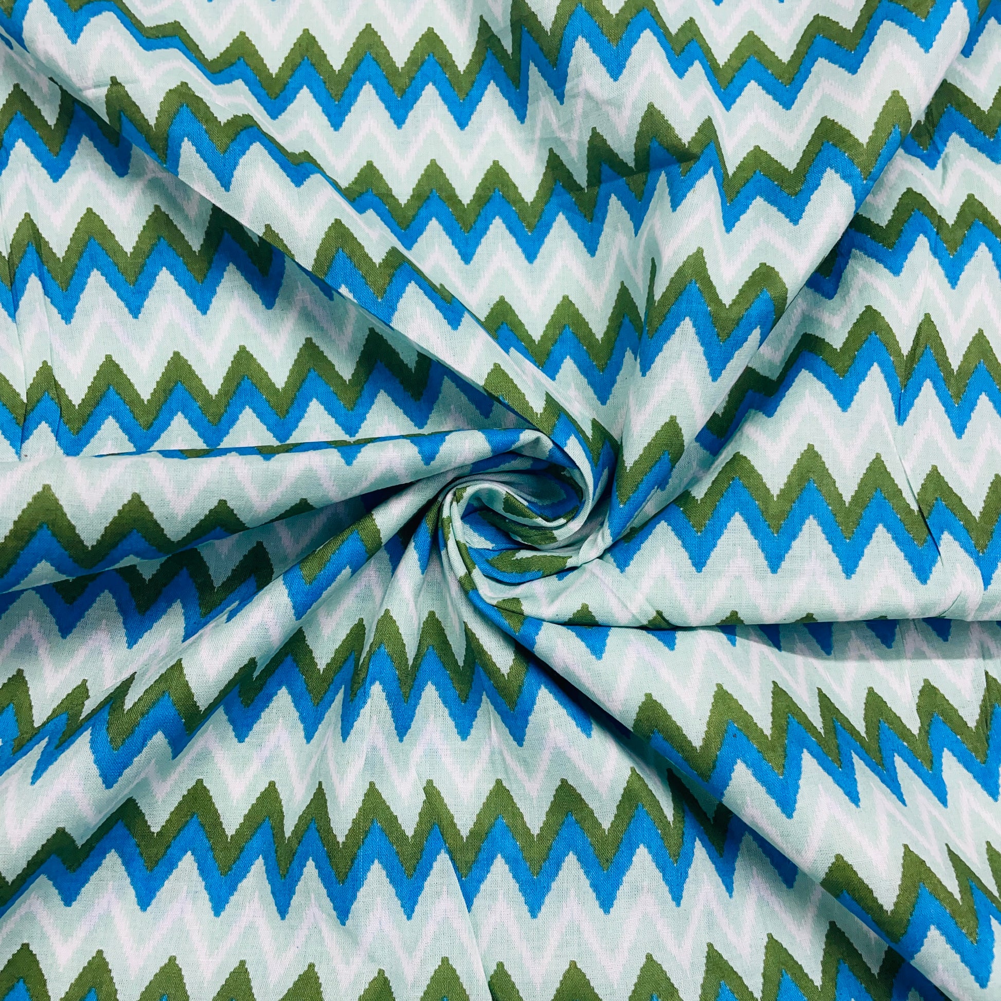 Green & Multicolor Chevron Print Cotton Fabric - TradeUNO