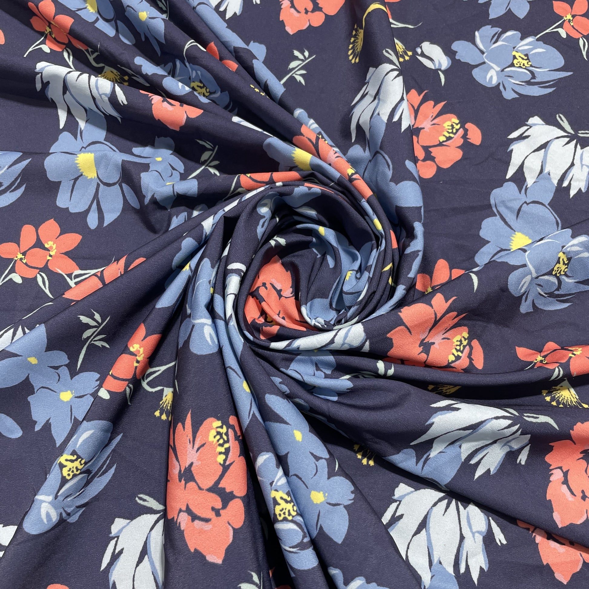 Premium Blue Orange Floral Print Crepe Fabric