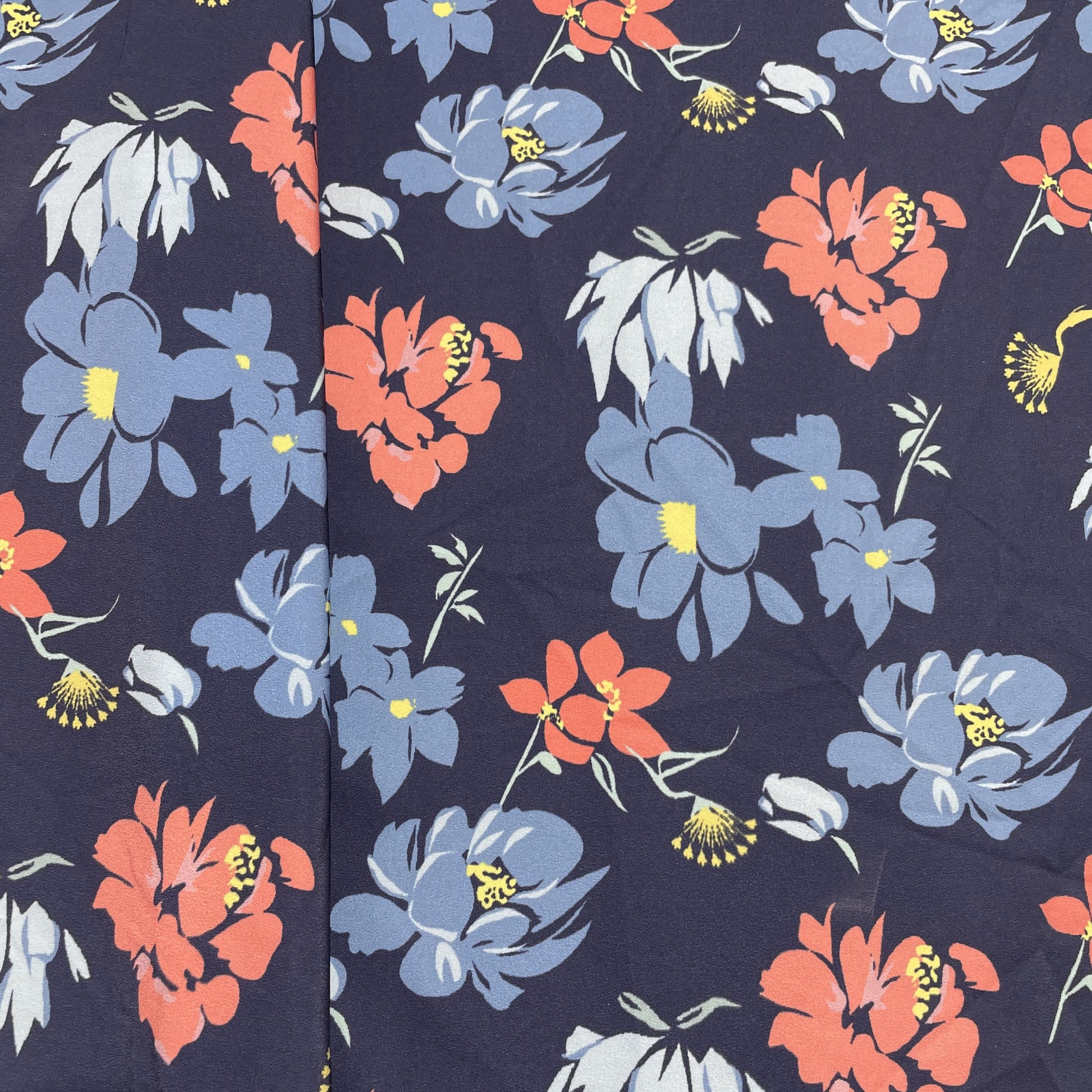 Premium Blue Orange Floral Print Crepe Fabric
