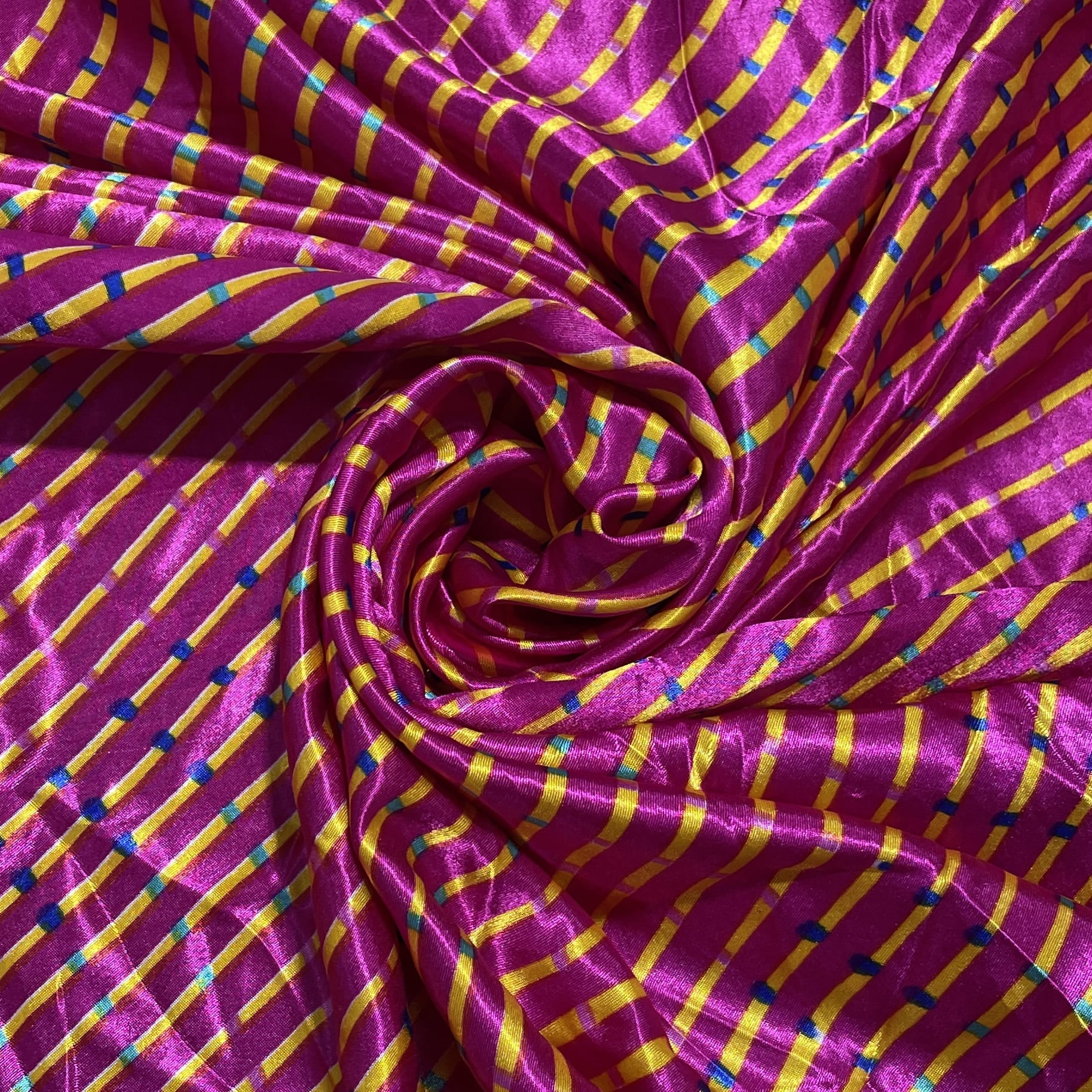 Premium Pink Lehariya Print Satin Fabric