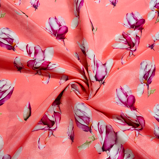 Peach Pink & Pink Floral Crepe fabric