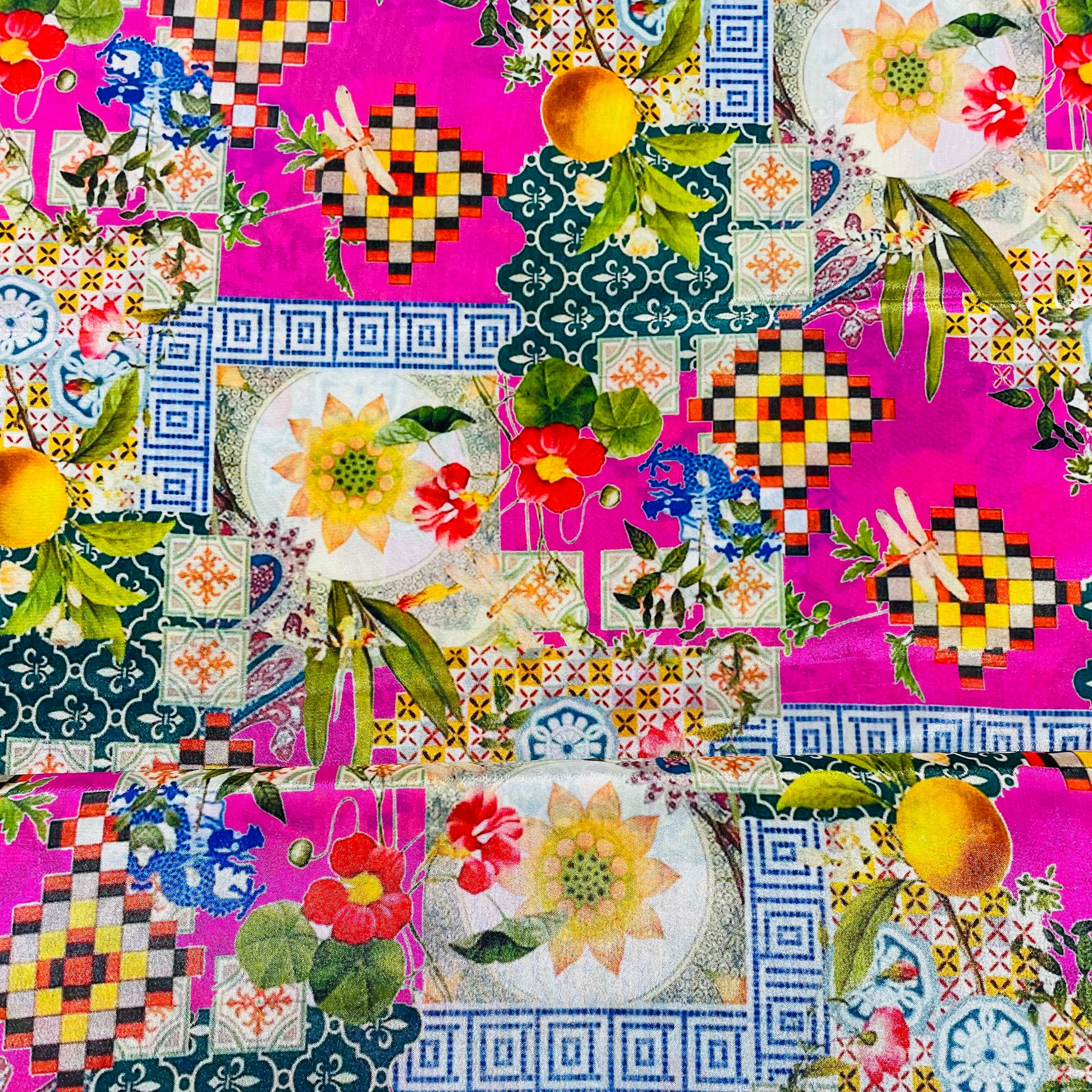 Pink & Multicolor Traditional Crepe fabric - TradeUNO