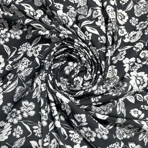 Premium Black Floral Print Crepe Fabric