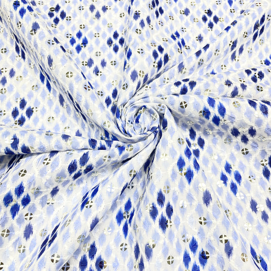 White & Blue Ikkat Sequence Thread Embroidery Blended Cotton Fabric
