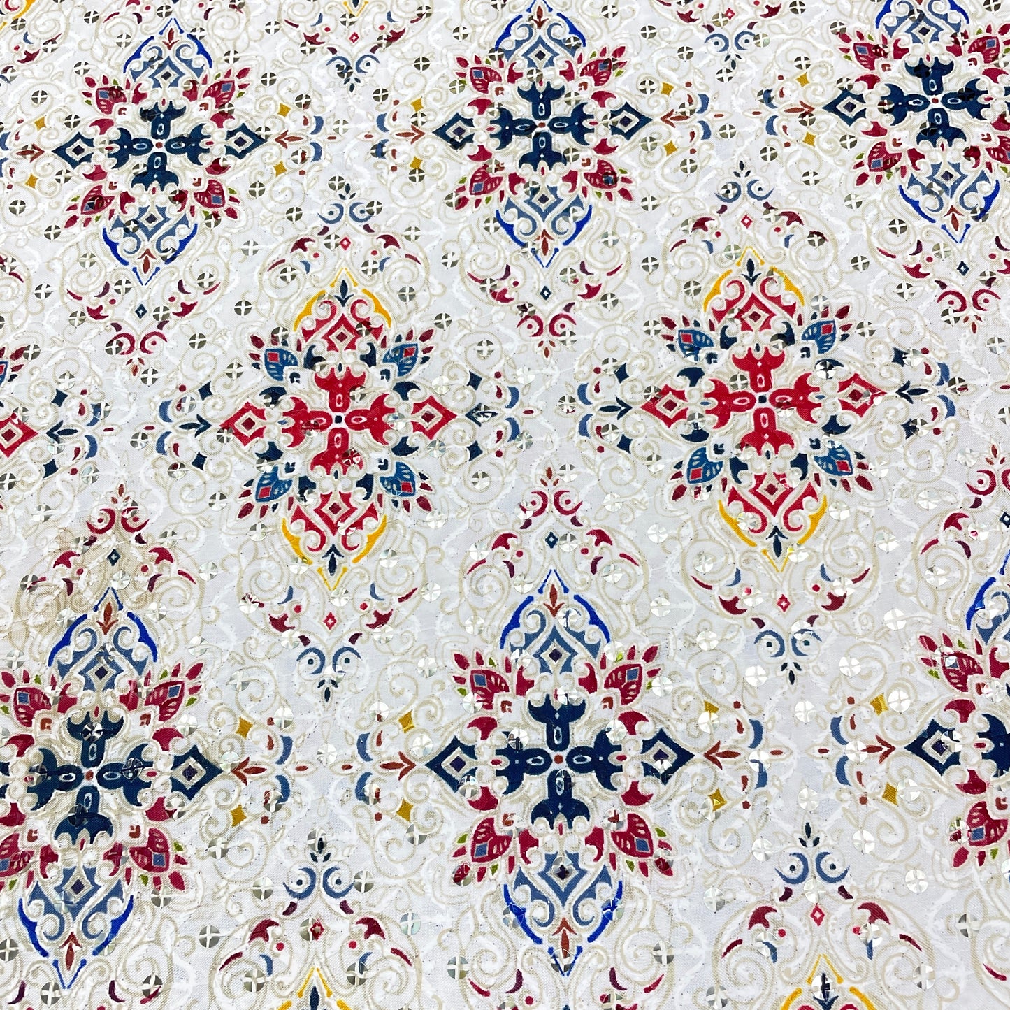 White & Multicolor Traditional Sequence Thread Embroidery Blended Cotton - TradeUNO