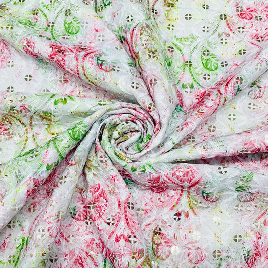 Green & Red Floral Sequence Thread Embroidery Blended Cotton Fabric