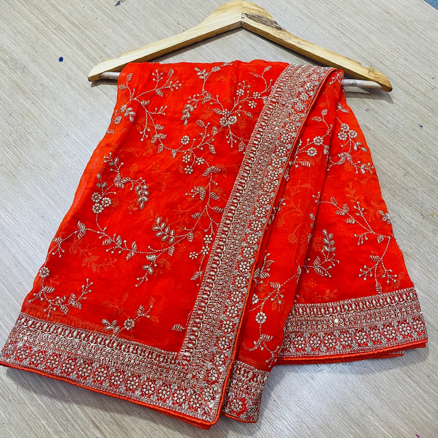 Orange Golden Floral Embroidery Dupatta - TradeUNO