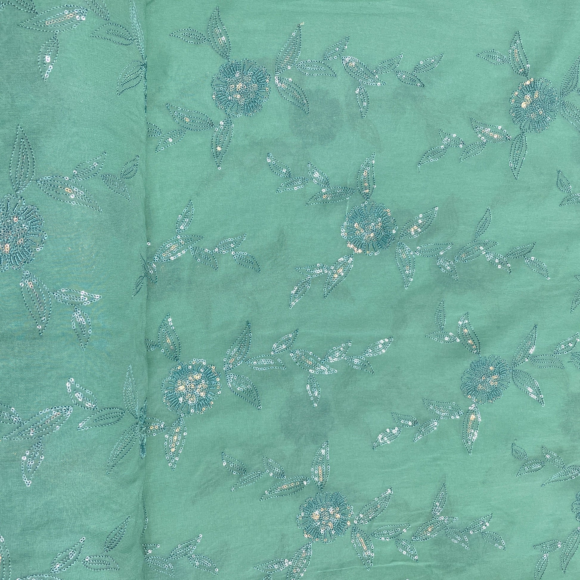 Green Floral Sequence Embroidery Georgette Fabric - TradeUNO