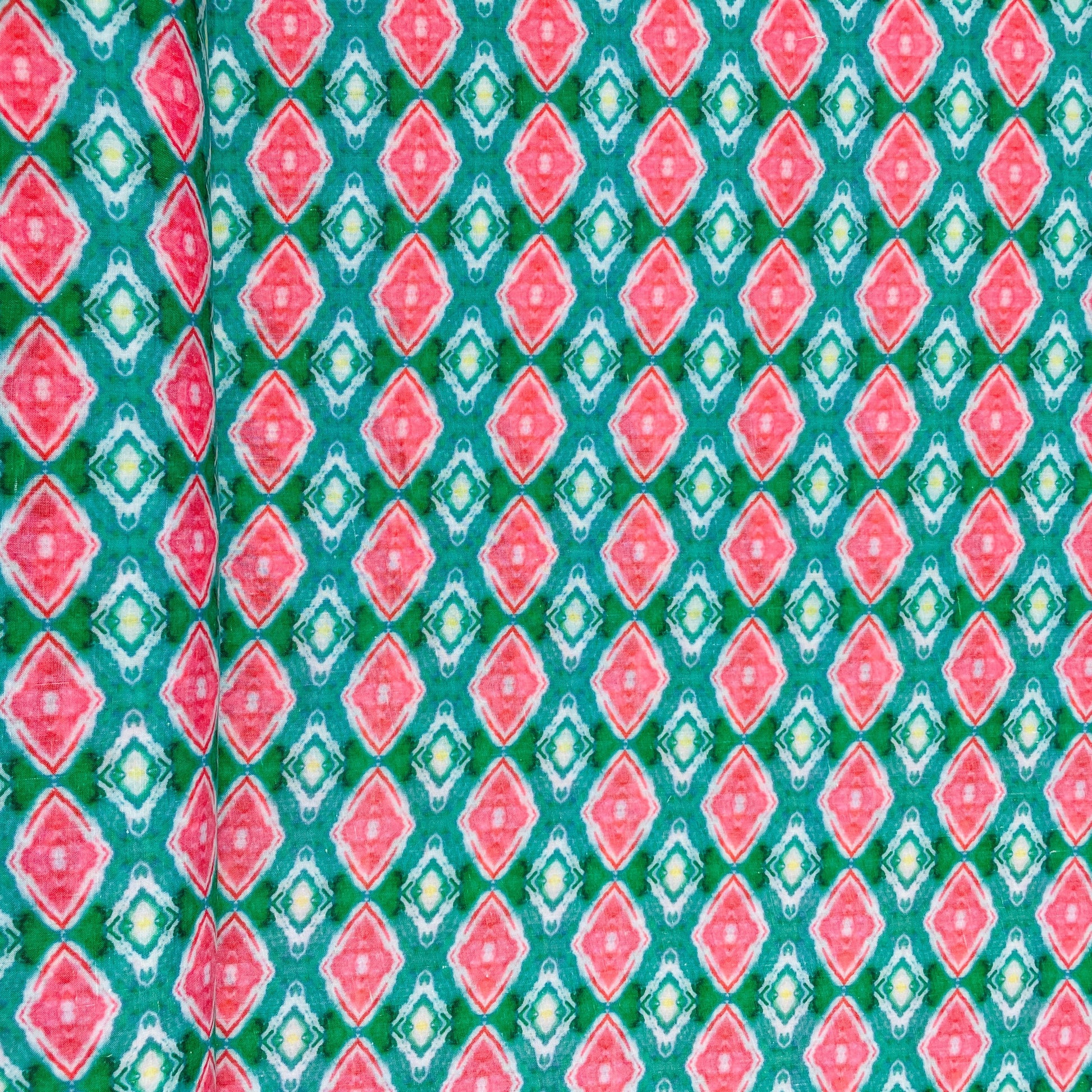 Green & Pink Handblock Print Mulmul Fabric - TradeUNO