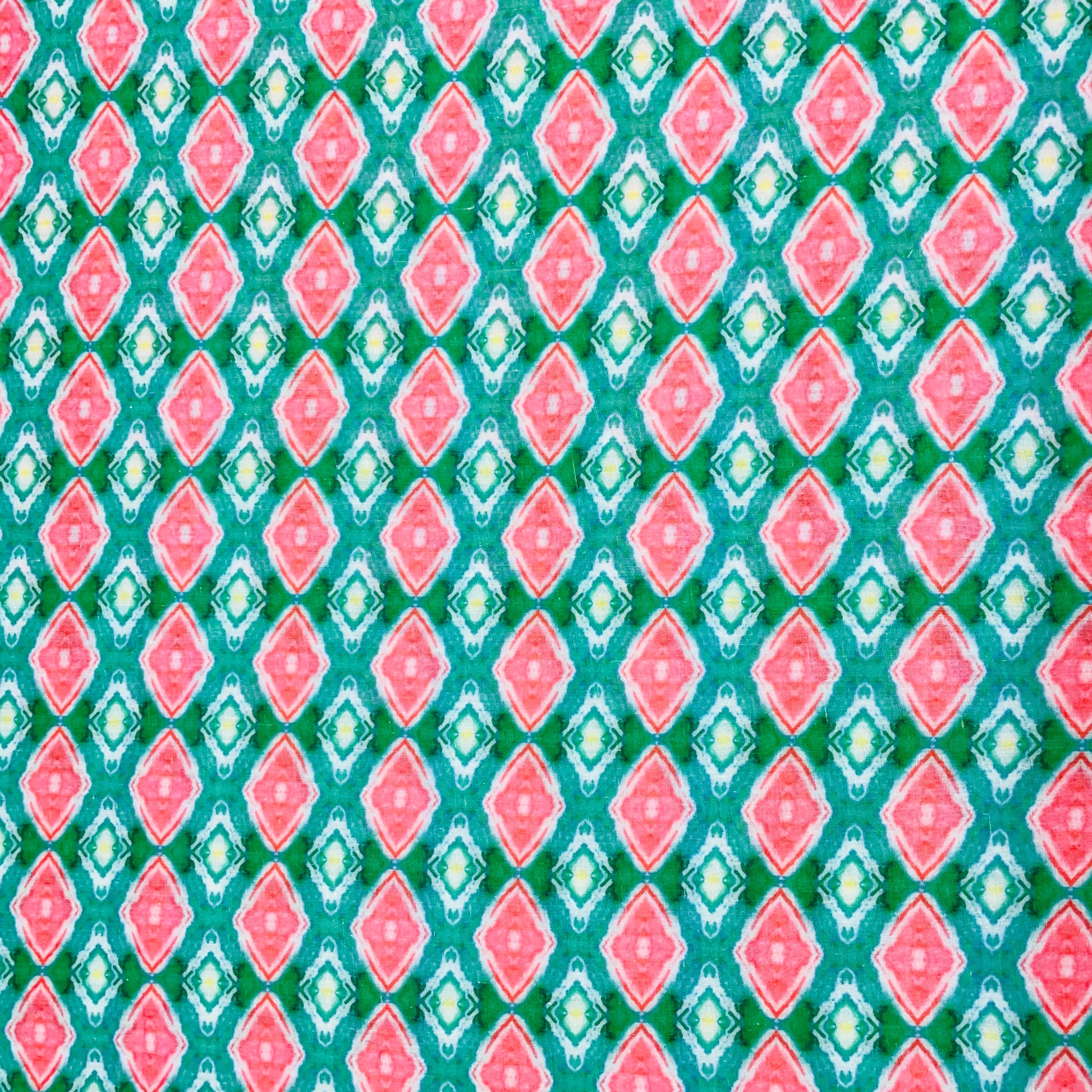 Green & Pink Handblock Print Mulmul Fabric - TradeUNO