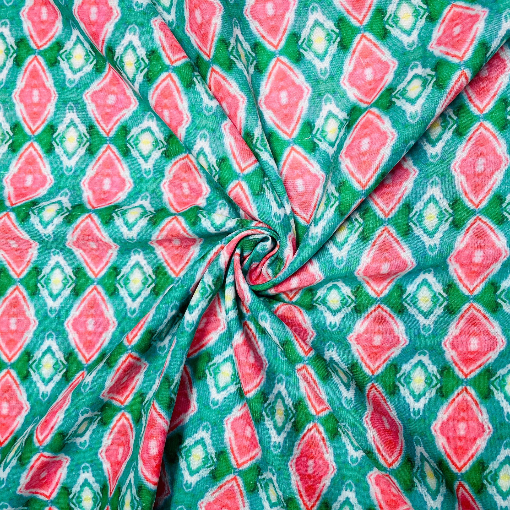 Green & Pink Handblock Print Mulmul Fabric - TradeUNO