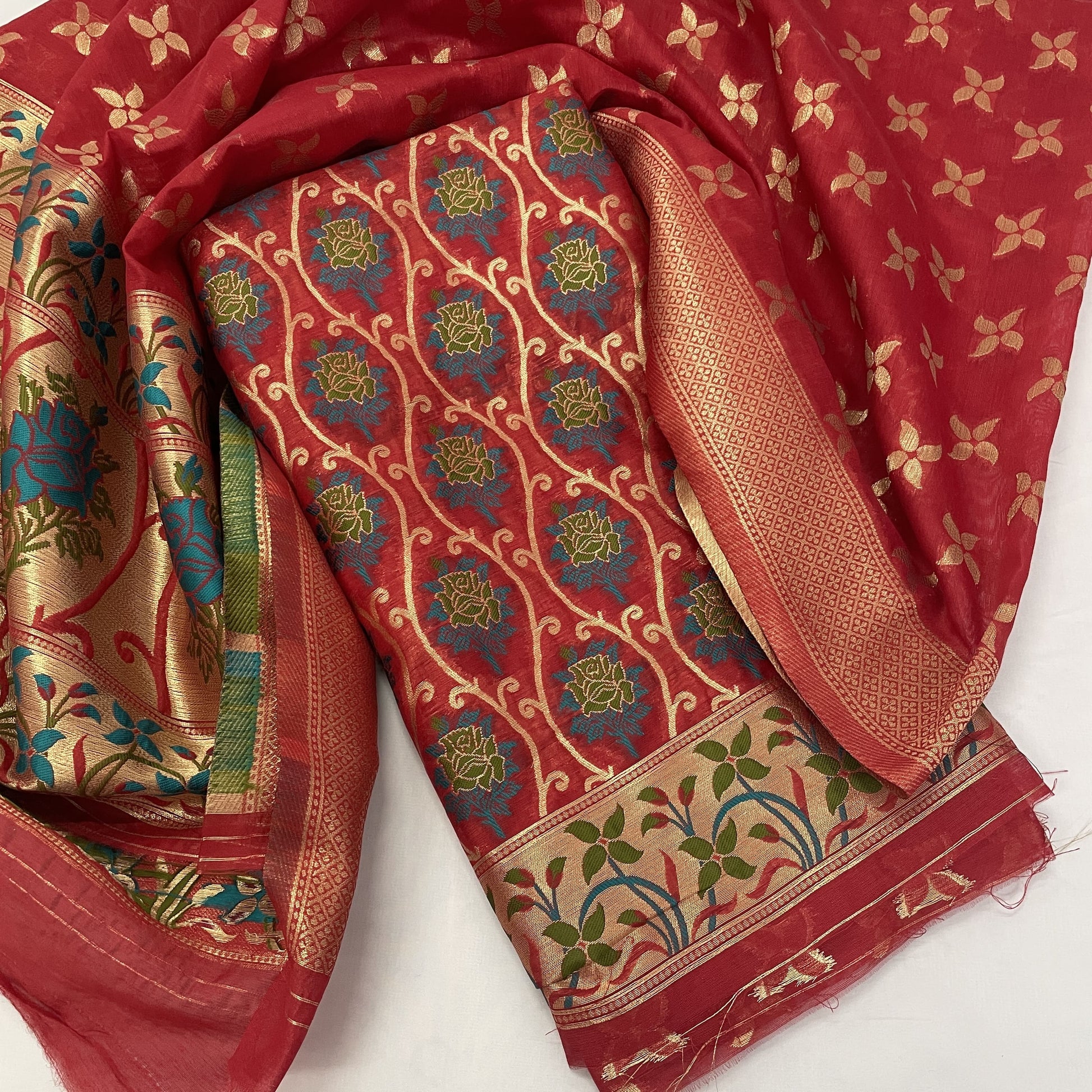 Classic Red Golden Floral Traditional  Chanderi Suit Set With Dupatta