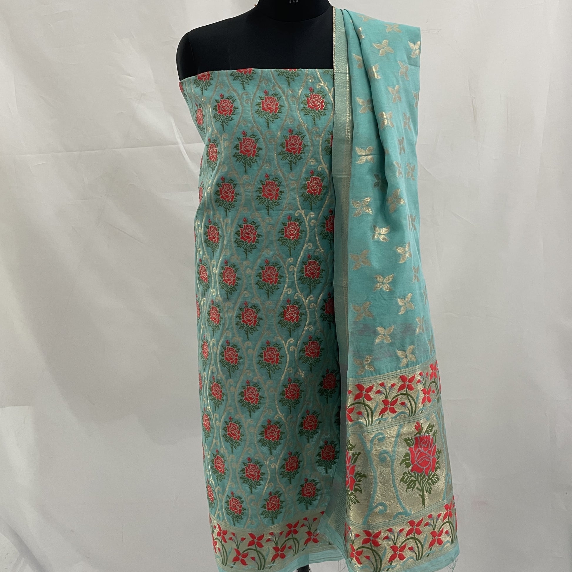 Classic Green Golden Floral Traditional  Chanderi Suit Set With Dupatta