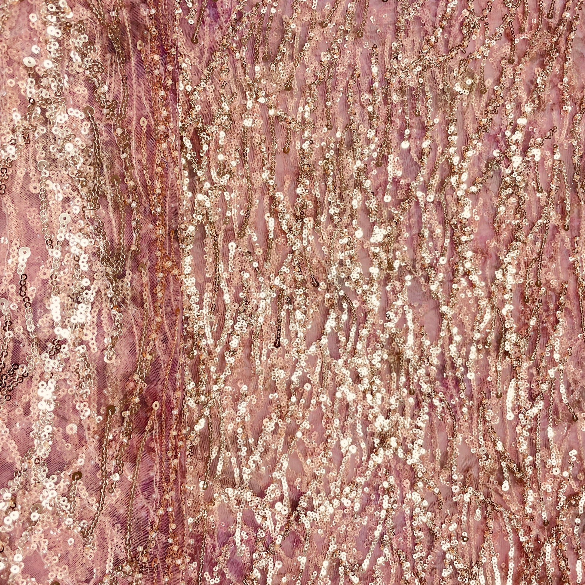 Onion Pink With Golden Floral Sequence Embroidery Net Imported Fabric - TradeUNO
