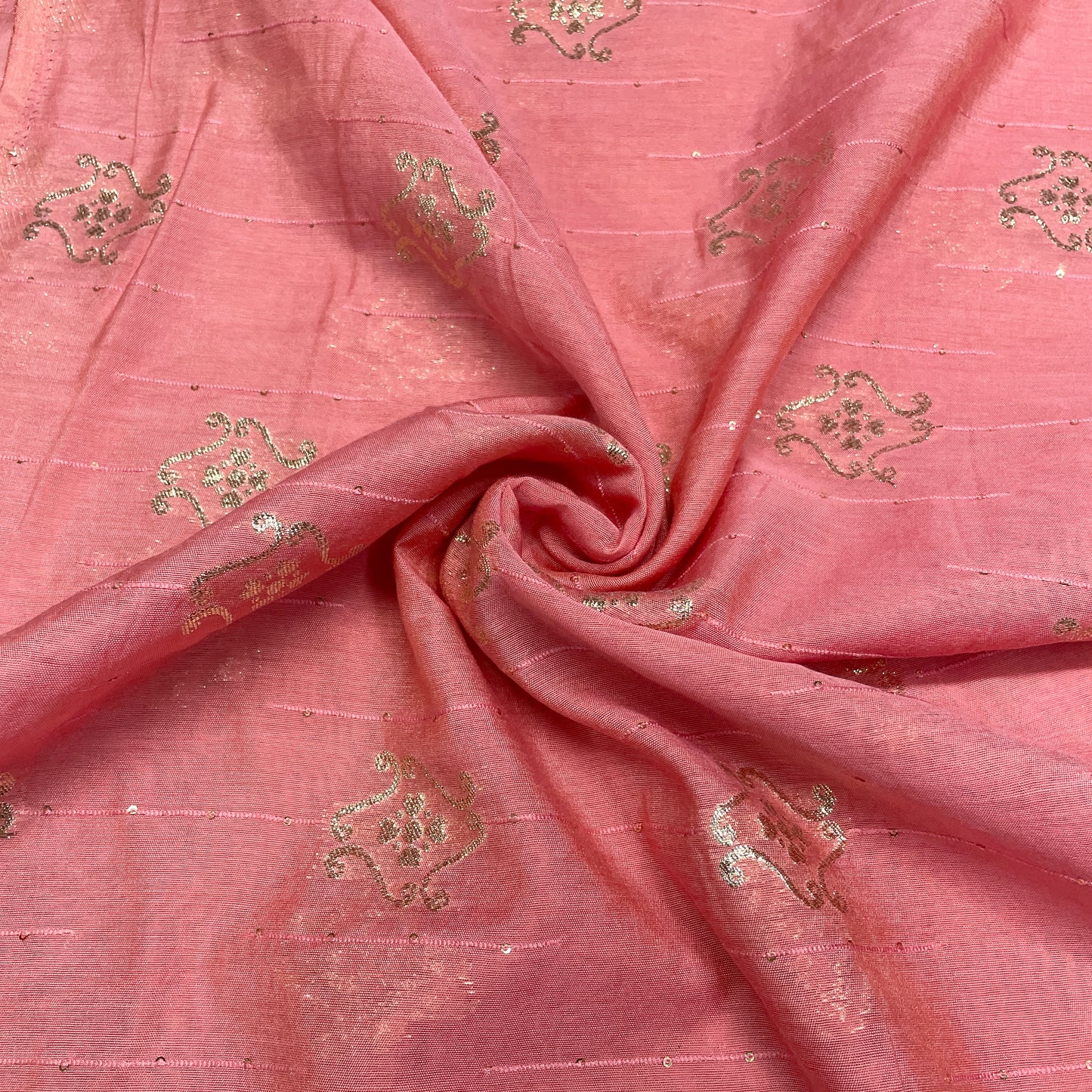 Light Pink Traditional Zari Embroidery Sequence Chanderi Fabric - TradeUNO