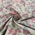 Exclusive Ivory Green Pink Floral Print Slub Tusser Silk
