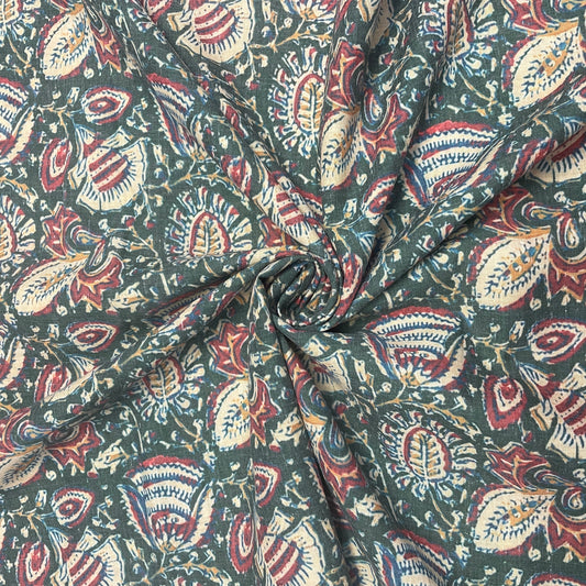 Green & Red Floral Print Lawn Cotton Fabric