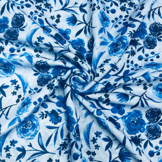 Sky Blue & Blue Floral Print Lawn Cotton Fabric