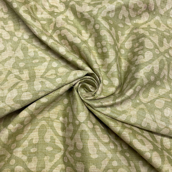 Moss Green & Cream Batik Print Cotton Dupion Fabric - TradeUNO