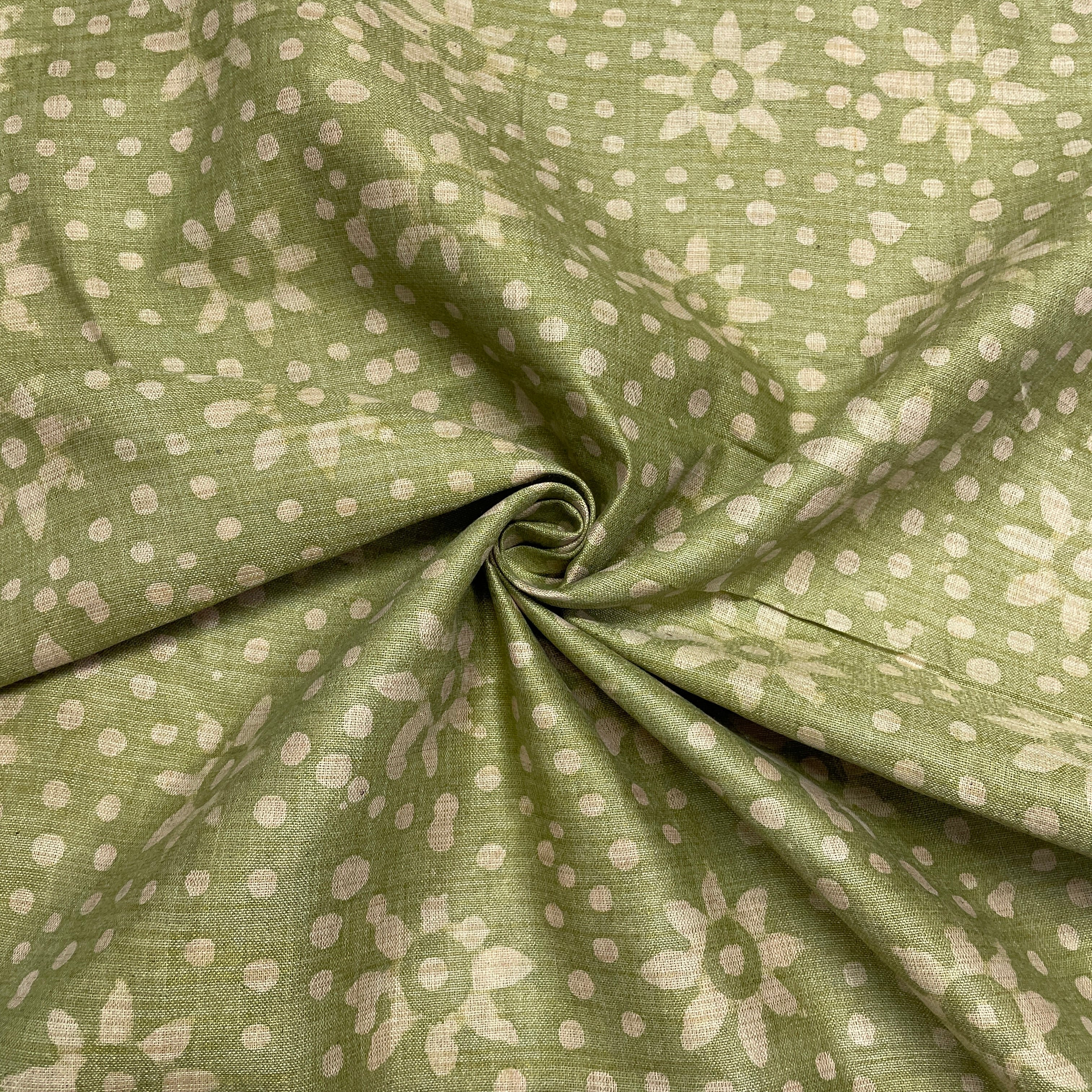 Green & Cream Batik Print Cotton Dupion Fabric - TradeUNO