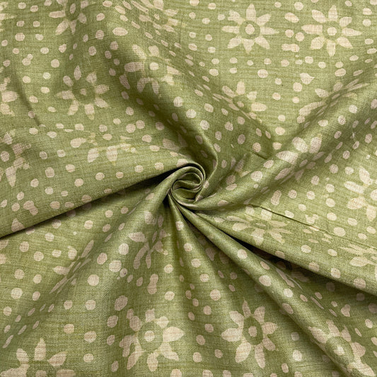 Green & Cream Batik Print Cotton Dupion Fabric