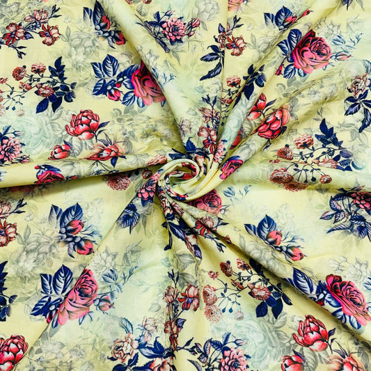 Light Yellow & Pink Floral Print Lawn Cotton Fabric