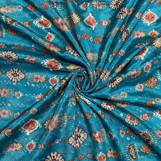 Teal Blue & Multicolor Ikkat Print Chinon Fabric