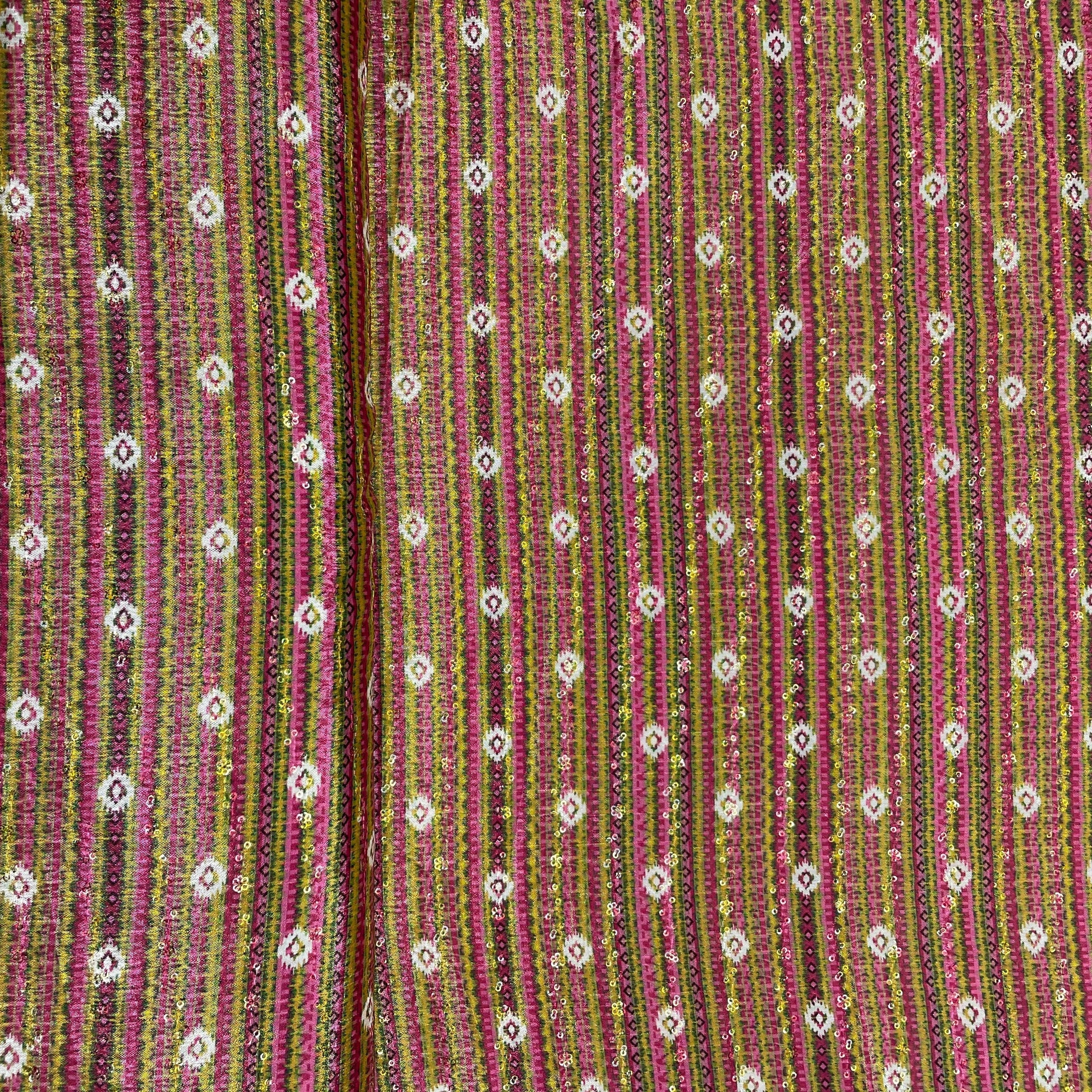Yellow & Pink Stripe Print Chinon Fabric - TradeUNO