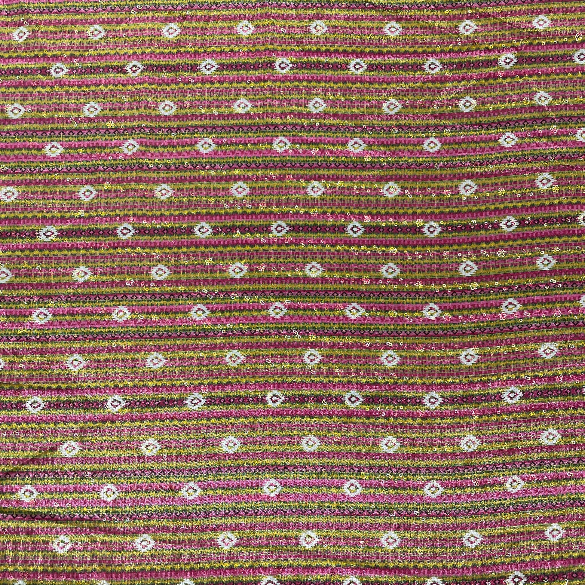 Yellow & Pink Stripe Print Chinon Fabric - TradeUNO