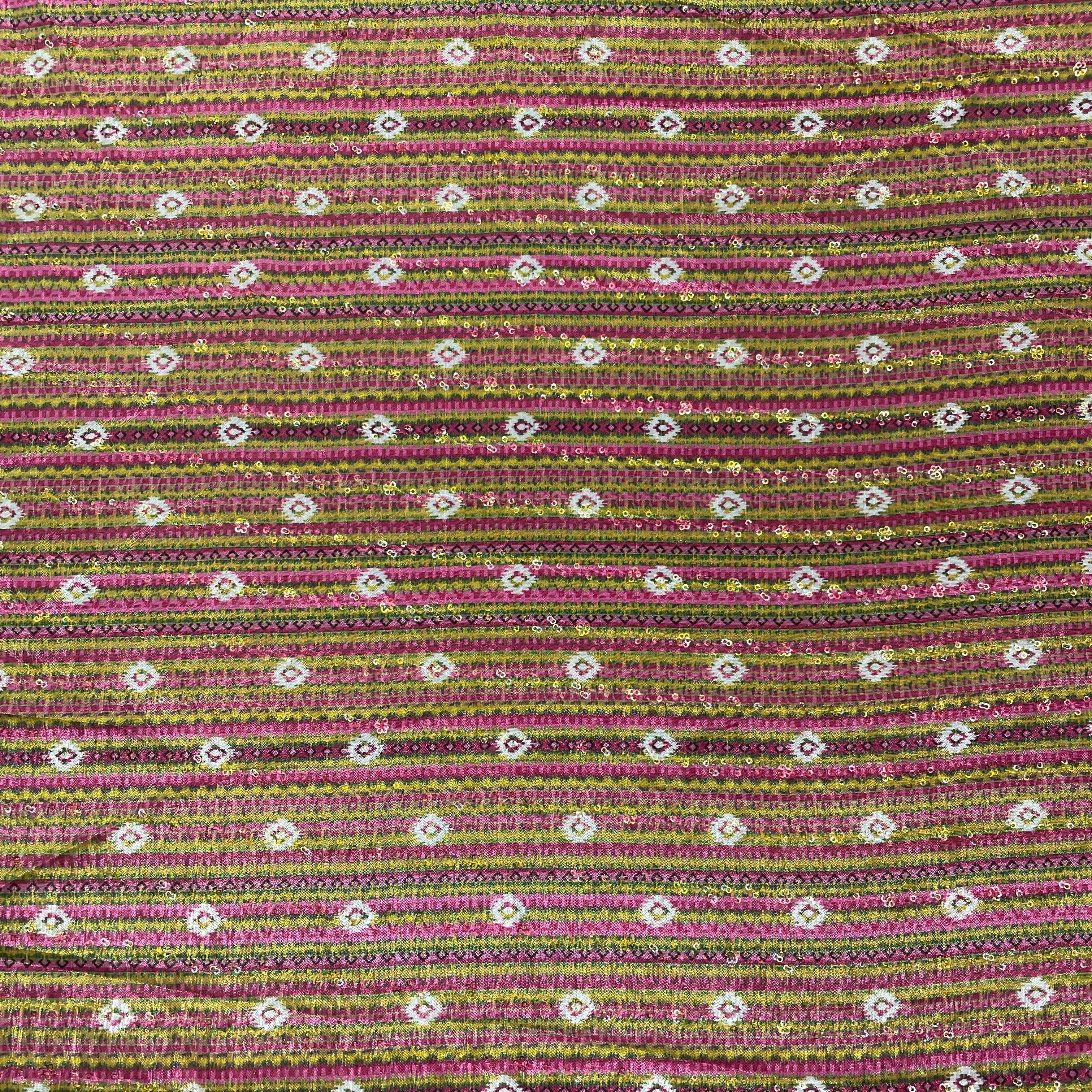 Yellow & Pink Stripe Print Chinon Fabric - TradeUNO