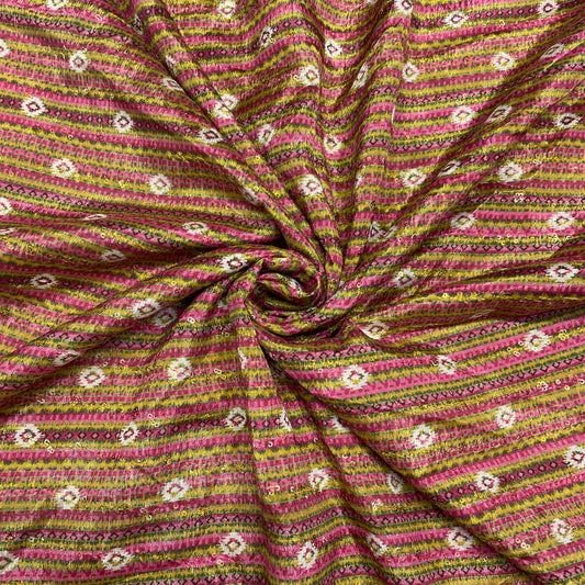 Yellow & Pink Stripe Print Chinon Fabric