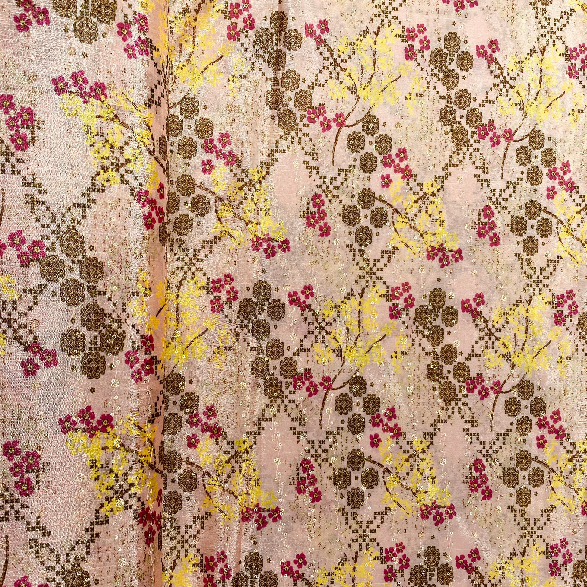 Peach Pink & Multicolor Floral Print Chinon Fabric - TradeUNO