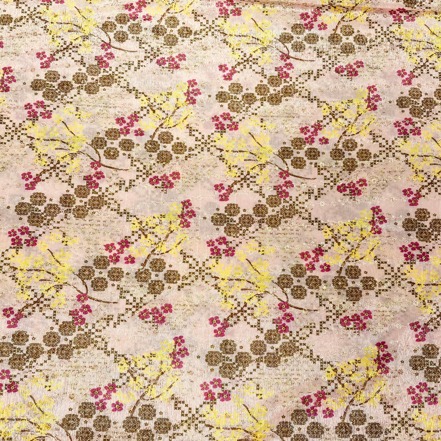 Peach Pink & Multicolor Floral Print Chinon Fabric - TradeUNO