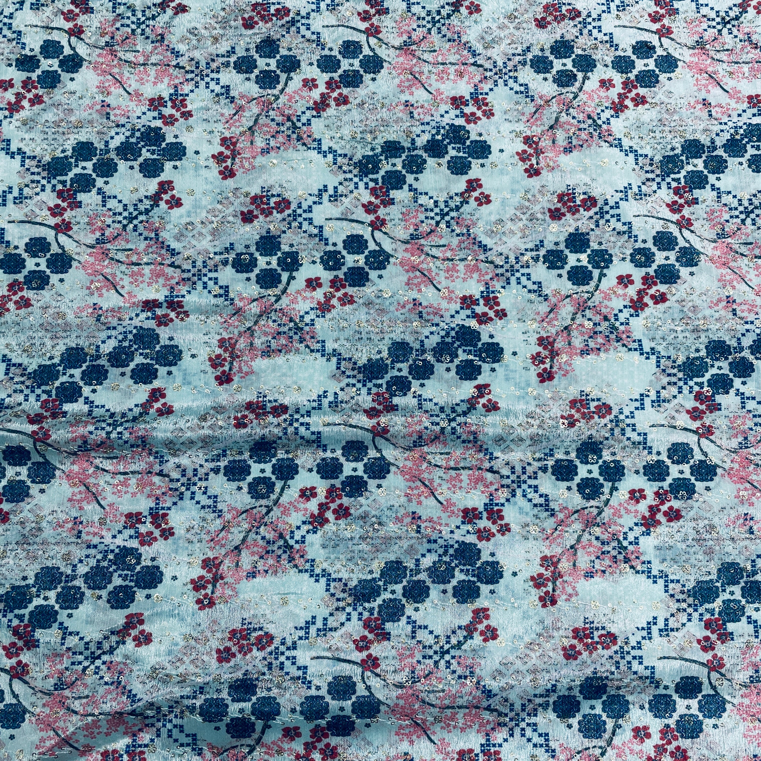 Sky blue & Multicolor Floral Print Chinon Fabric - TradeUNO