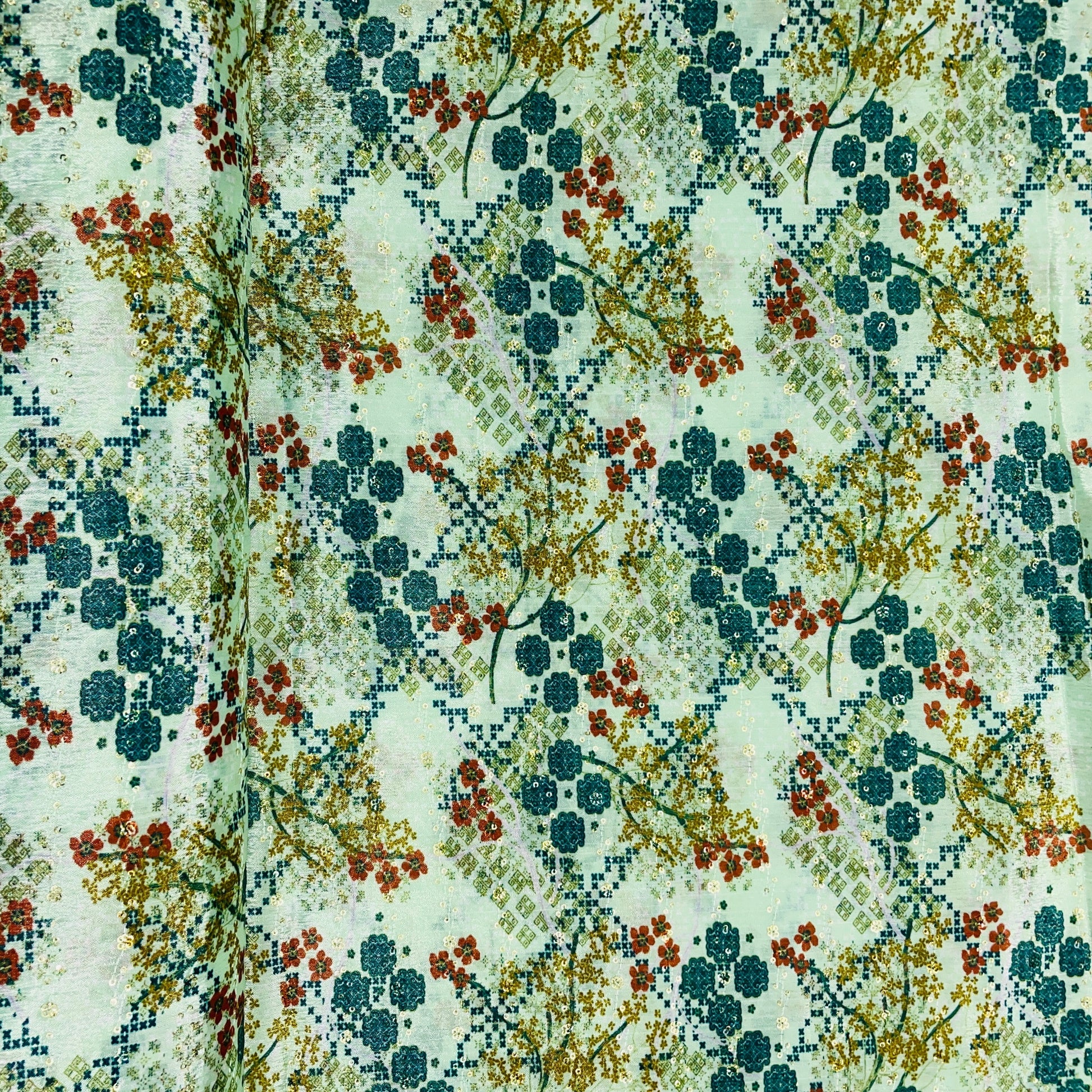 Green & Multicolor Floral Print Chinon Fabric - TradeUNO