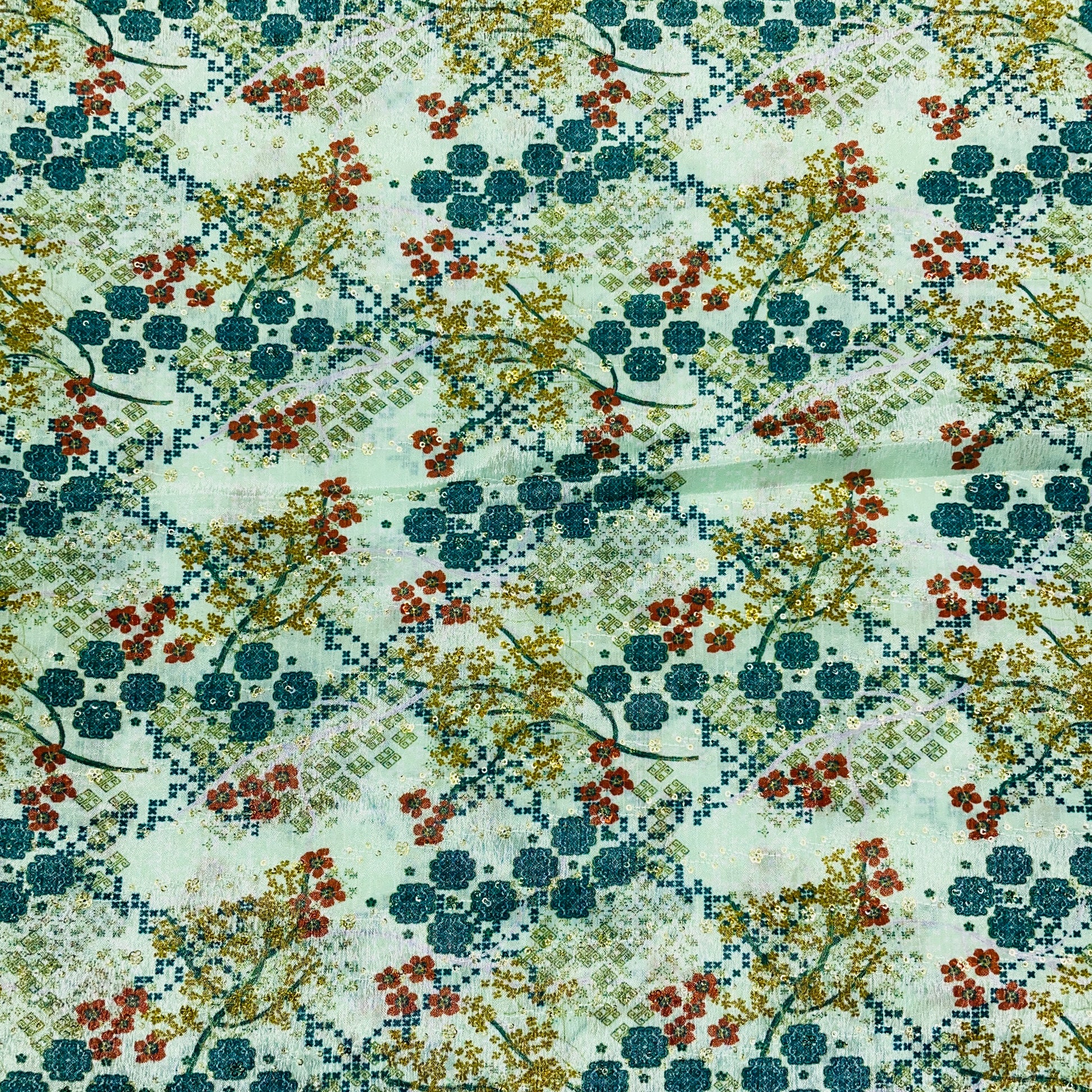 Green & Multicolor Floral Print Chinon Fabric - TradeUNO