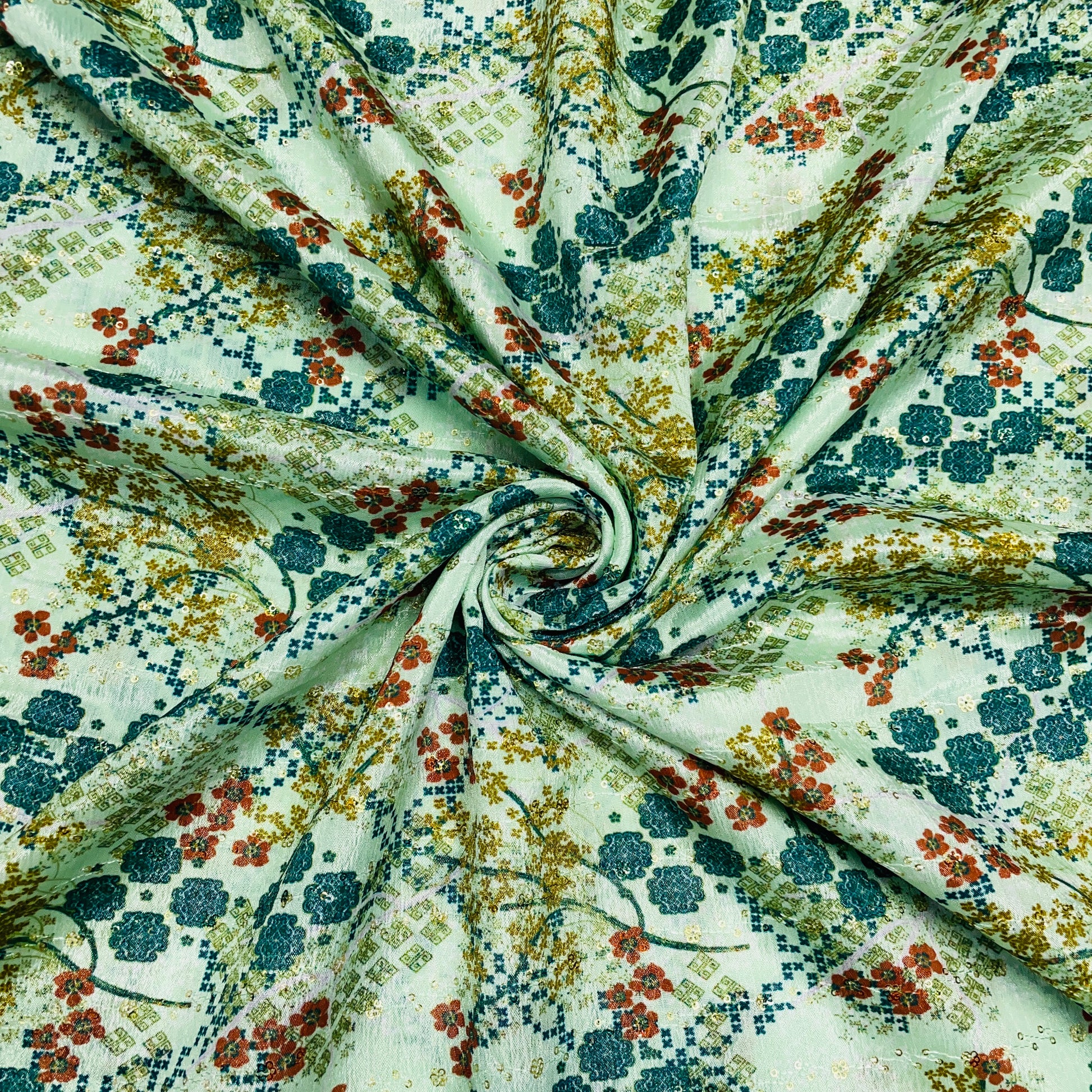 Green & Multicolor Floral Print Chinon Fabric - TradeUNO