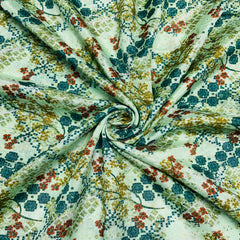 Green & Multicolor Floral Print Chinon Fabric - TradeUNO