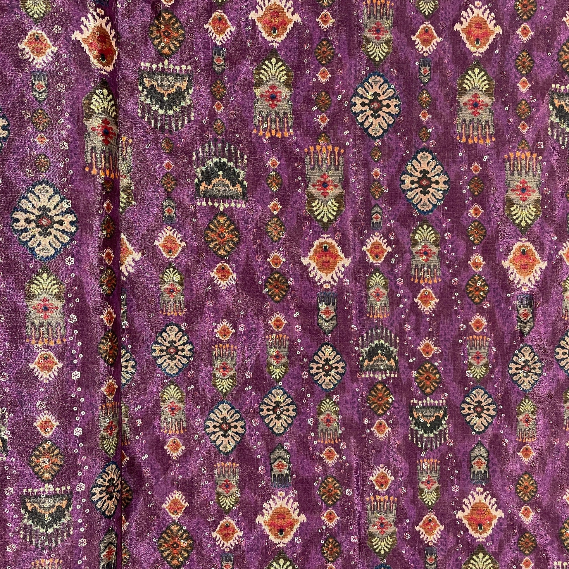 Purple & Multicolor Ikkat Print Chinon Fabric - TradeUNO