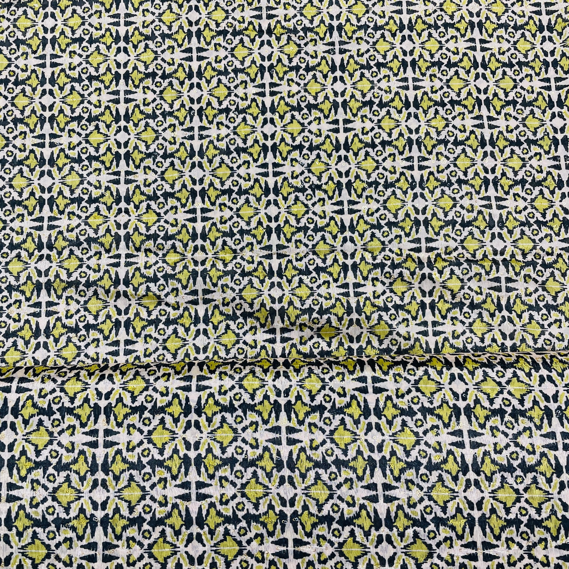 Cream & Green Geometrical Print Chinon Fabric - TradeUNO