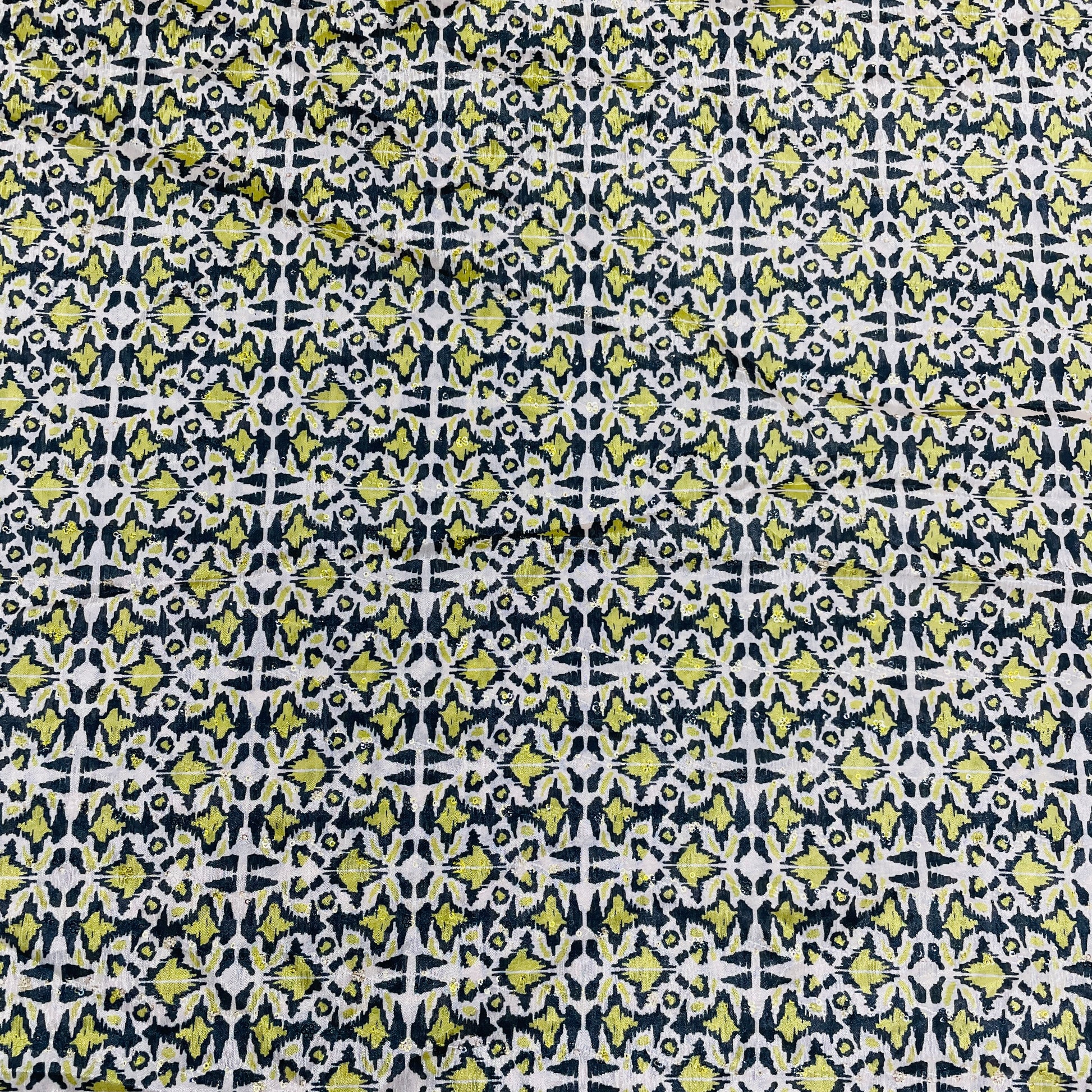 Cream & Green Geometrical Print Chinon Fabric - TradeUNO