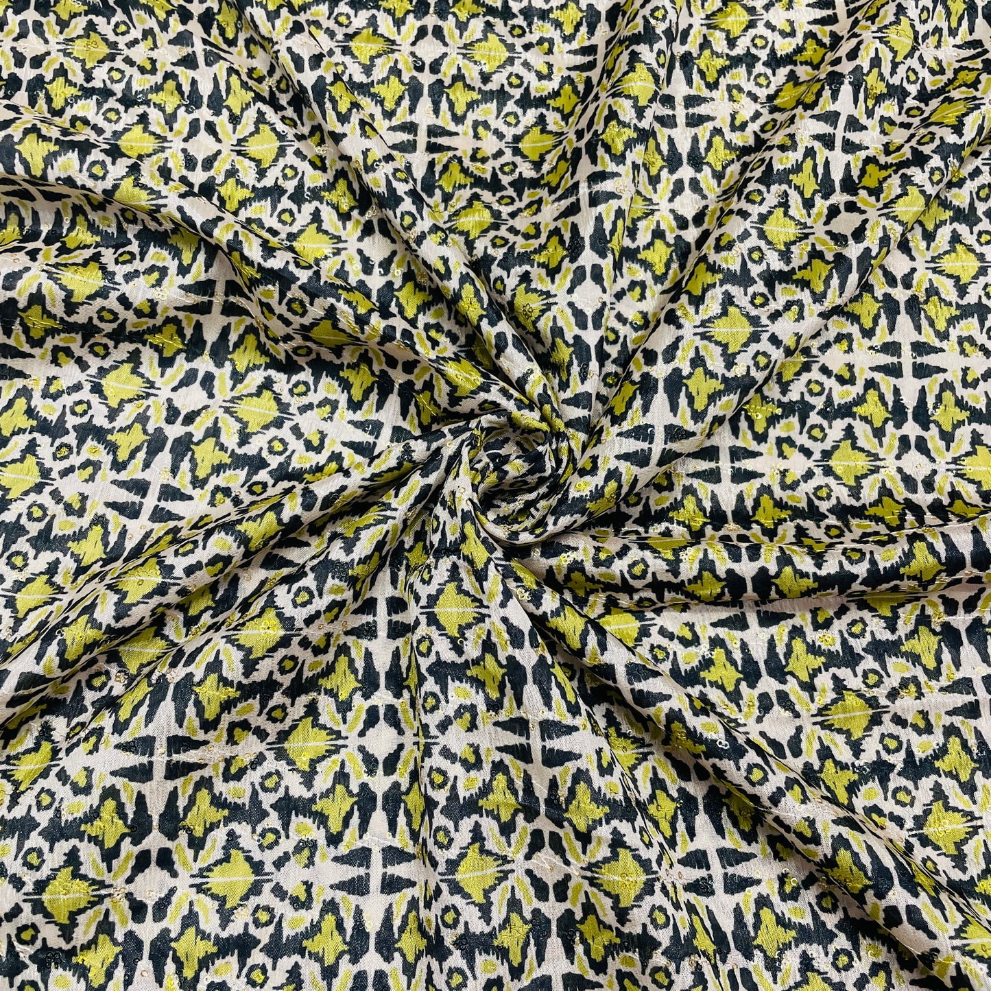 Cream & Green Geometrical Print Chinon Fabric - TradeUNO