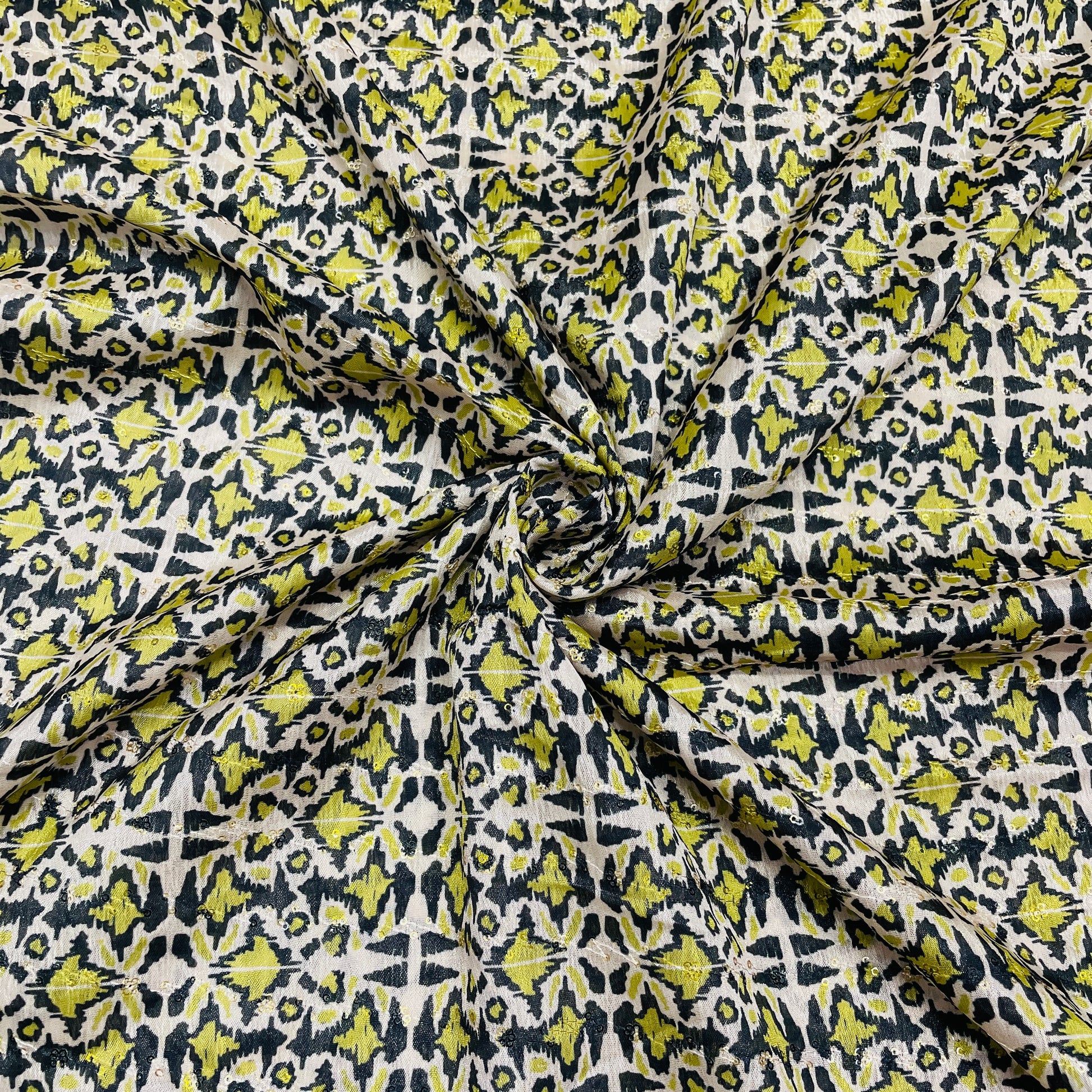 Cream & Green Geometrical Print Chinon Fabric - TradeUNO
