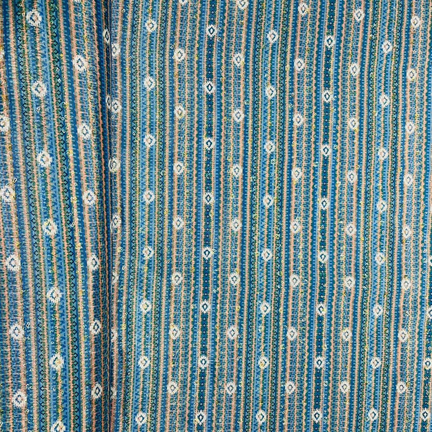 Blue & Green Stripe Print Chinon Fabric - TradeUNO