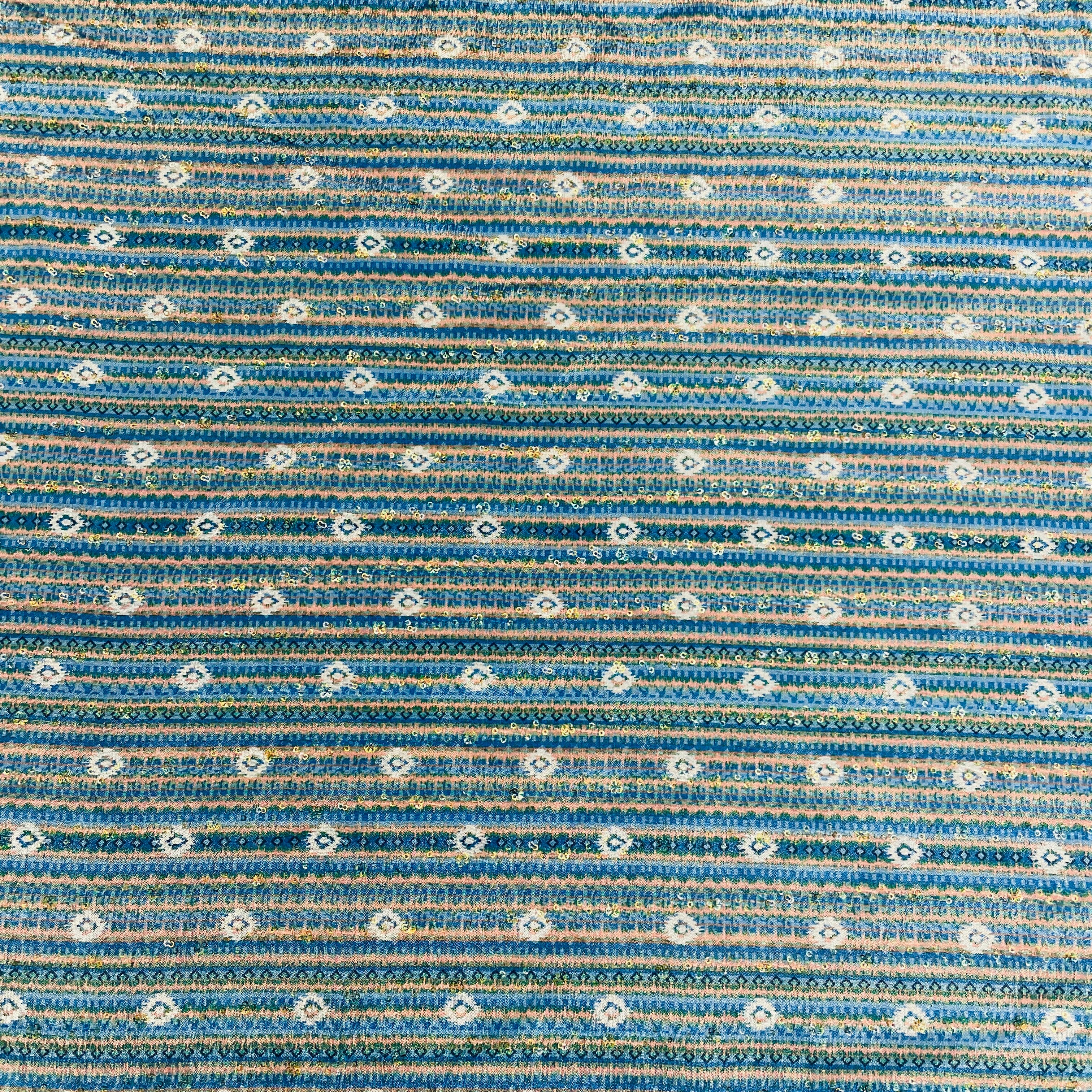Blue & Green Stripe Print Chinon Fabric - TradeUNO