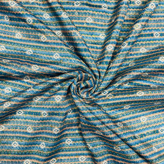 Blue & Green Stripe Print Chinon Fabric
